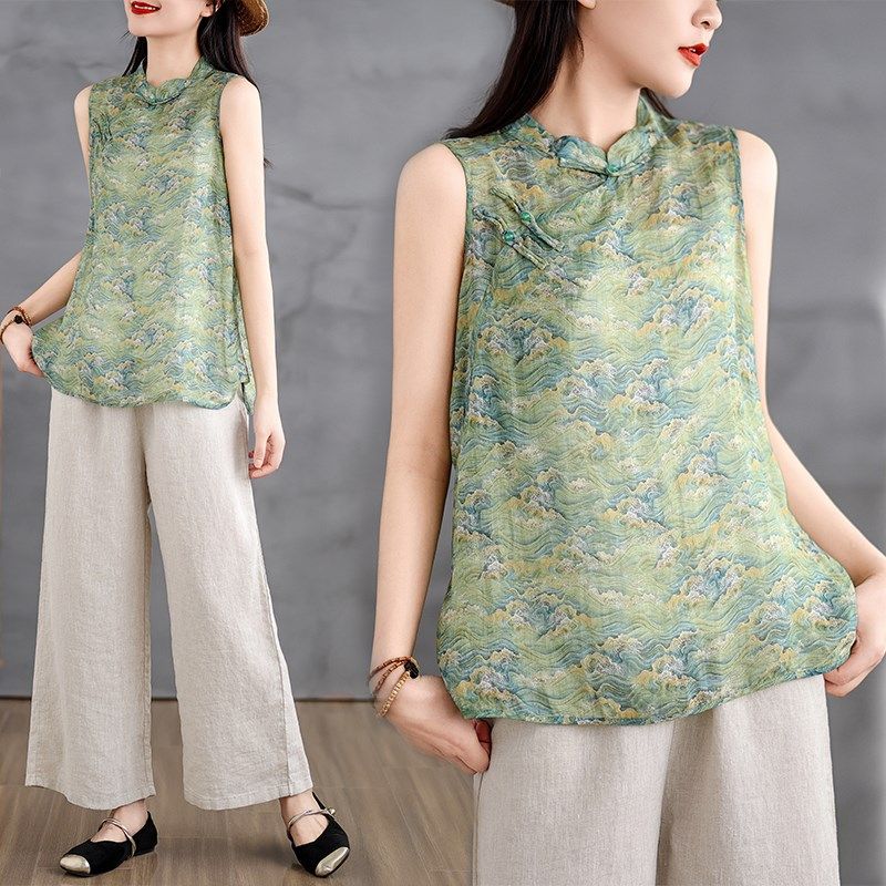 国风中式斜襟印花苎麻马甲背心女夏季日系穿搭文艺范禅意茶服上衣