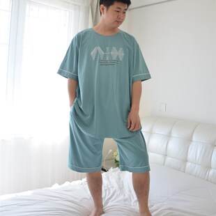 300斤超c肥大码男士短袖短裤睡衣夏季针织纯棉休闲家居服套装200