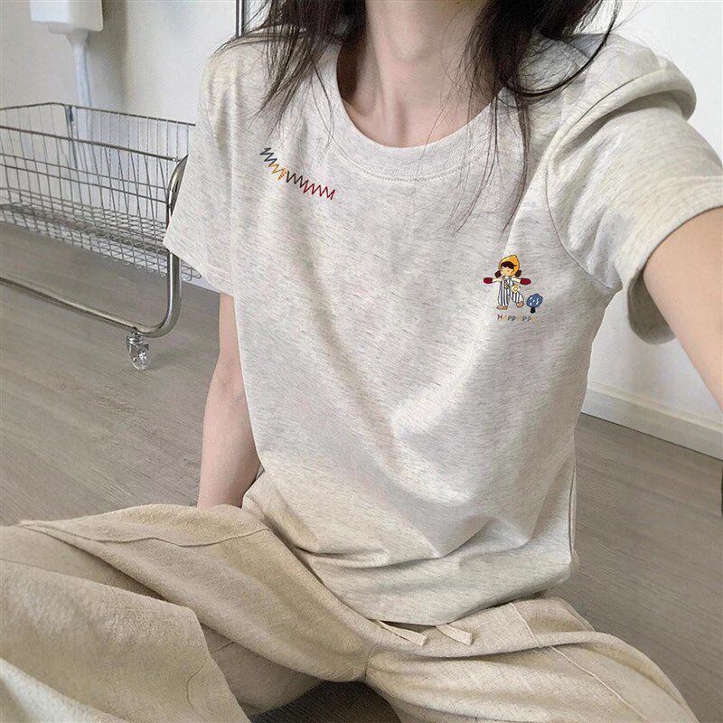 美式纯棉短袖正肩t恤女夏季修身短款别致小上衣打底衫设计感小众