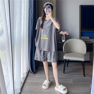 夏季纯棉加大码睡衣女200斤短袖短裤圆领卡O通可爱宽松家居服套装
