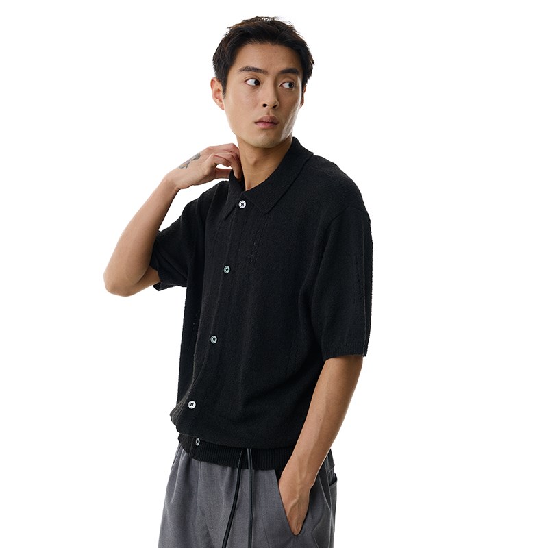 WHIMNOTION 25SS针织镂空设计短袖衬衫老钱风慵懒感透气百搭上衣