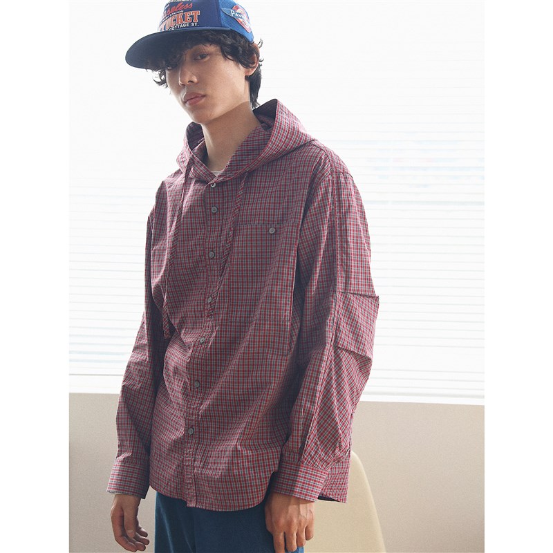 mcxmciii吂司其 红蓝CP高回头 连帽手袖压褶格子衬衫外套可防晒