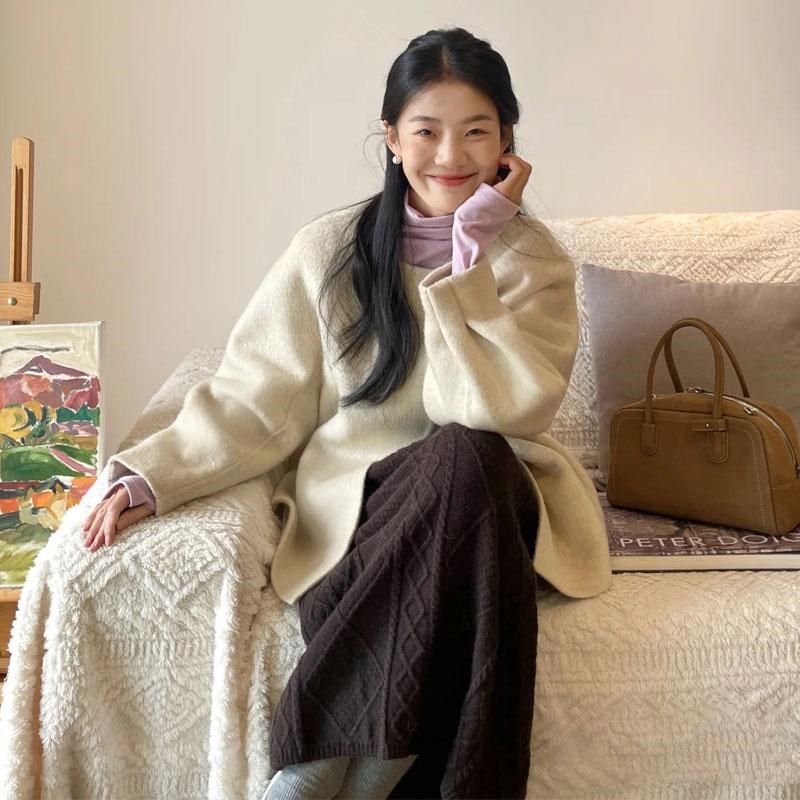 韩系简约米杏色毛呢外套女冬季新款小个子圆领中长款呢子大衣