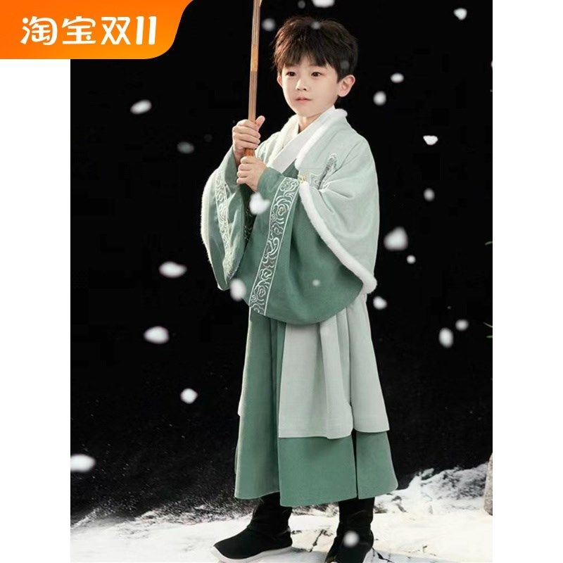 男童汉服明代宋制草绿加绒加厚小少爷长袍2024新款国风新中式套装