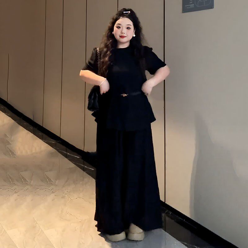 大码黑色套装收腰短袖上衣阔腿裤两件套女胖mm夏季显瘦穿搭一整套