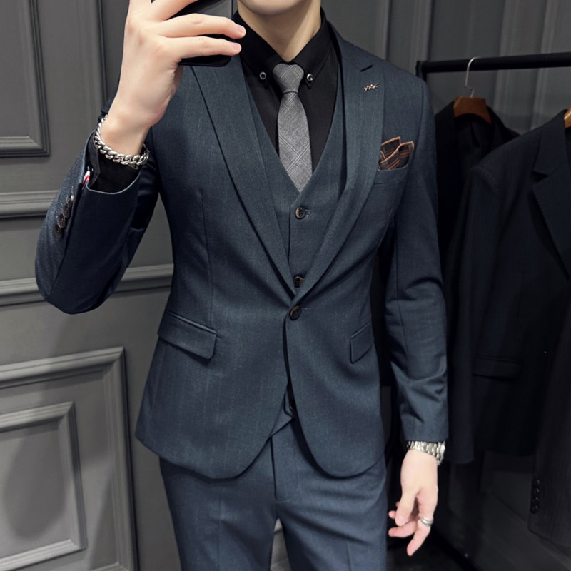 2023春季西装男套装韩版修身职业西服三件套质感条纹新郎结婚礼服