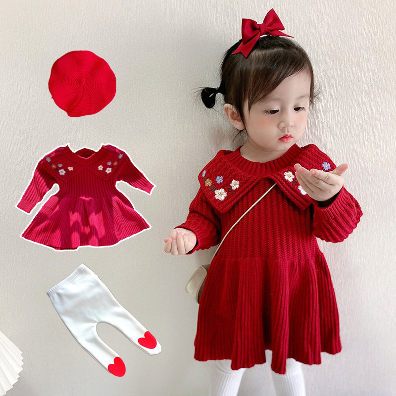 韩版婴儿针织毛衣公主裙洋装秋冬女童宝宝抓周生日礼服裙红春秋