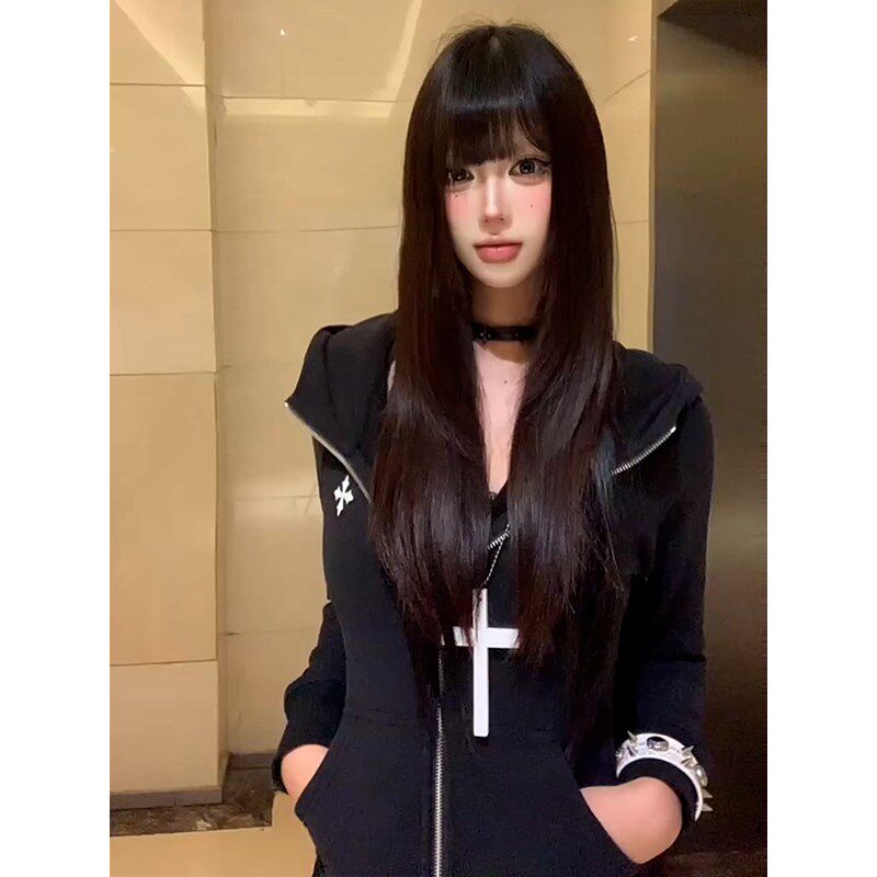 美式修身连帽卫衣女2025春季新款十字花拉链开衫外套黑色显瘦上衣