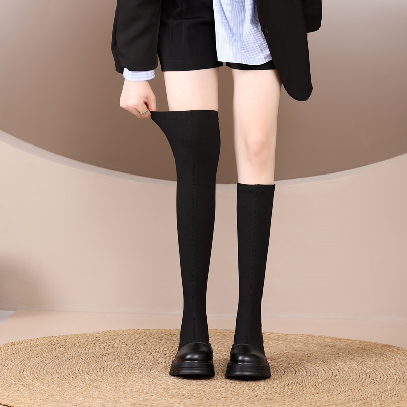 春秋款过膝靴女粗跟2023秋冬显瘦弹力靴厚底小个子平底长筒靴保暖