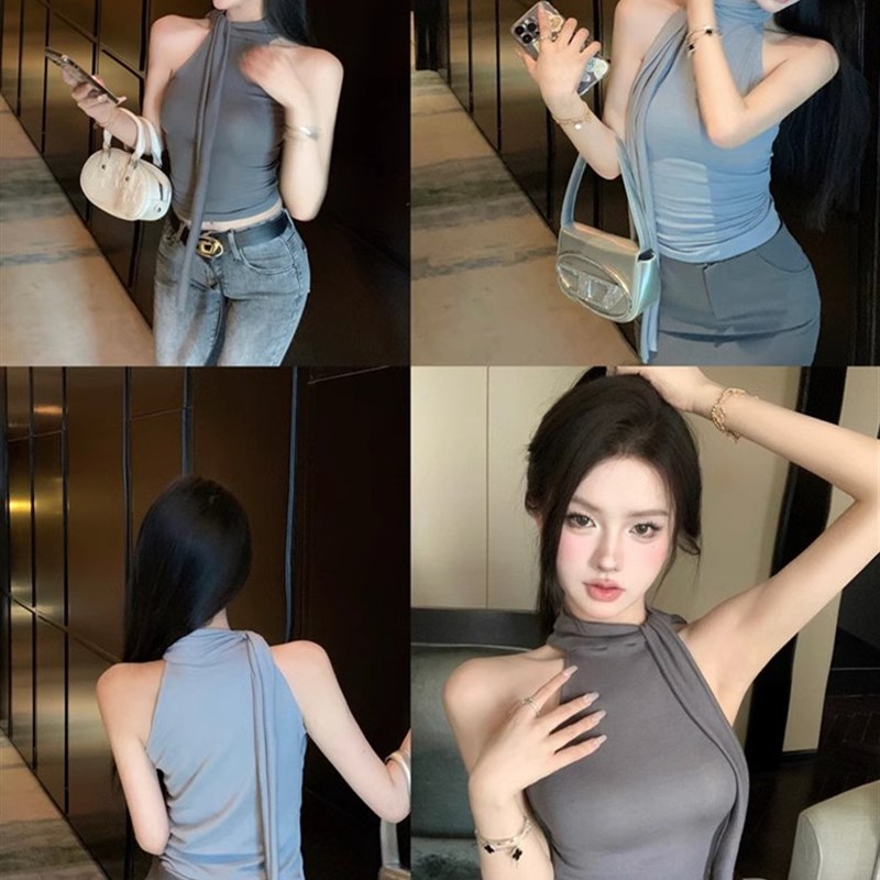 纯欲风无袖高领挂脖背心女夏季飘带外穿温柔气质修身内搭蓝色上衣