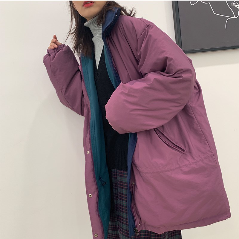 两面穿羽绒服女中长款2024冬季新款宽松加厚保暖立领羽绒工装外套