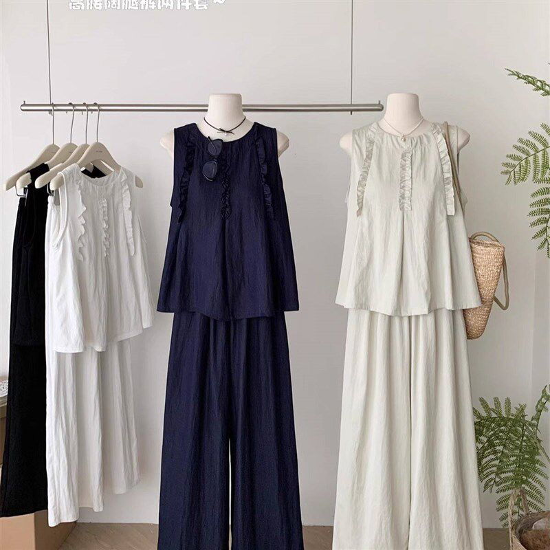 胖mm特大码300斤韩木耳边背心+阔腿休闲裤套装女高级感显瘦两件套