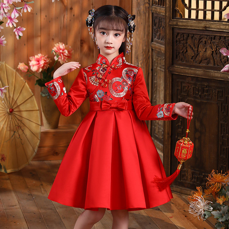 女童拜年服冬装加绒加厚中国风唐装儿童旗袍女过年汉服女孩新年装