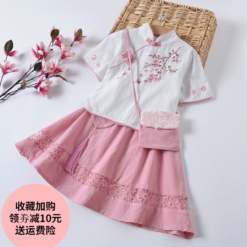 小童汉服女童古装超仙夏装儿童古风连衣裙中国风宝宝短袖棉麻套装