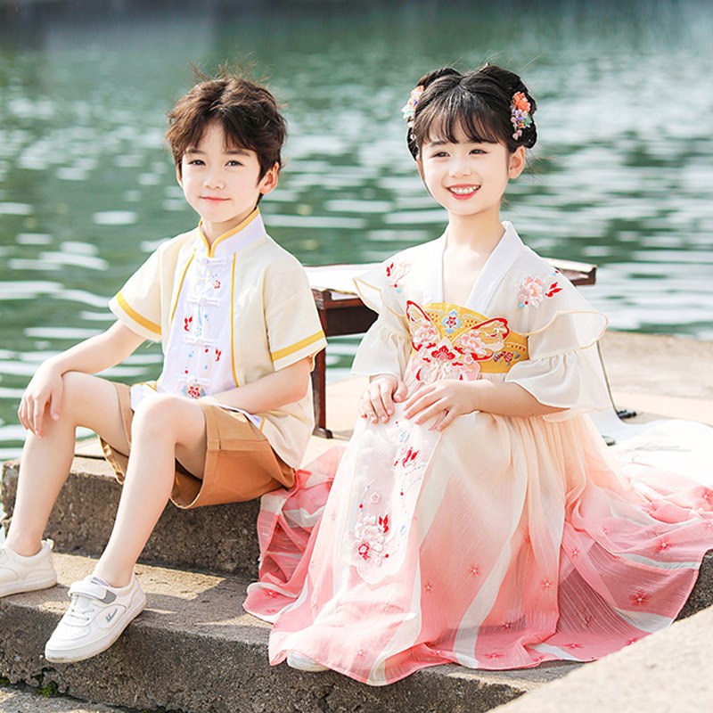 儿童姐弟兄妹汉服男女童超仙中国风连衣裙唐装古装国庆节表演出服