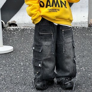 男童宽松加绒工装裤牛仔裤冬季一体绒儿童加厚保暖长裤子直筒裤潮