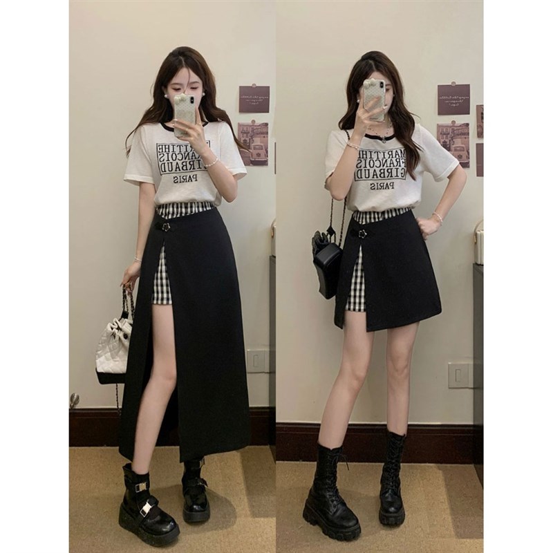 大码微胖休闲套装女夏季高级感短袖上衣胖MM显瘦假两件裙裤两件套