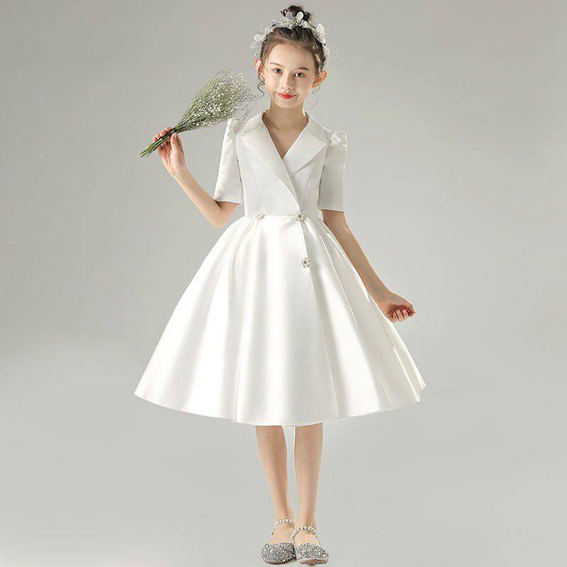 女童白色礼服裙公主裙花童西装裙合唱走秀演出钢琴主持生日晚礼服