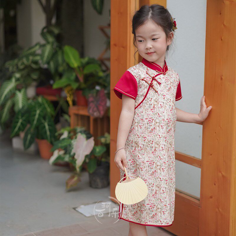 夏季新款女童复古旗袍林深见鹿节日小女孩生日红色喜庆旗袍连衣裙