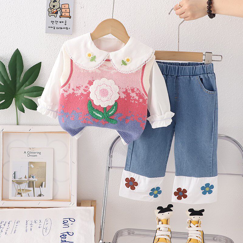 婴儿衣服春秋季洋气可爱毛衣三件套小童装一岁小女孩宝宝外出春装
