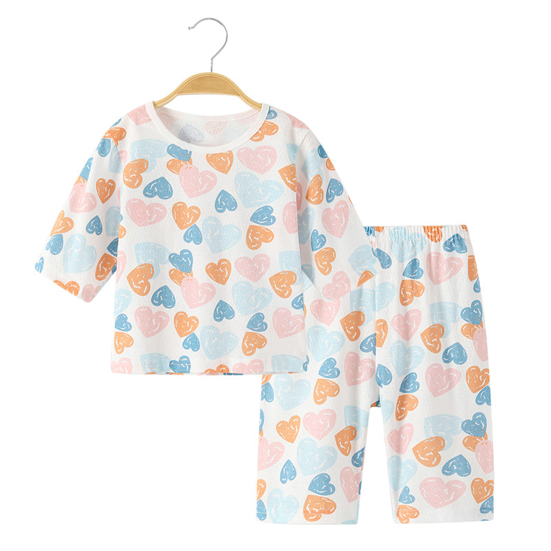 现货夏季儿童睡衣宝宝空调服薄款中袖纯棉婴儿套装7分袖夏天家居