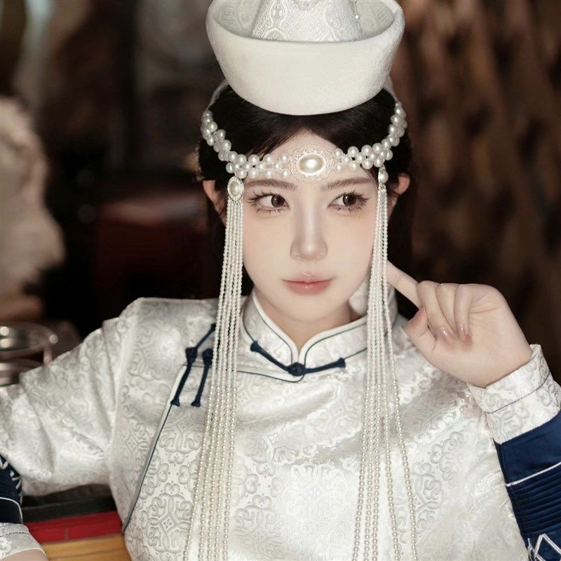 女士蒙族服装蒙古帽子少数民族婚礼新娘帽子白色头饰摄影旅拍饰品