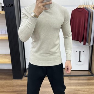 春秋男薄款半高领毛衣韩版修身纯色圆领打底衫男生内搭针织衫上衣