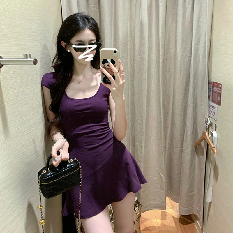 小个子紫色连衣裙子女夏季2025新款爆款法式气质绝美收腰a字短裙
