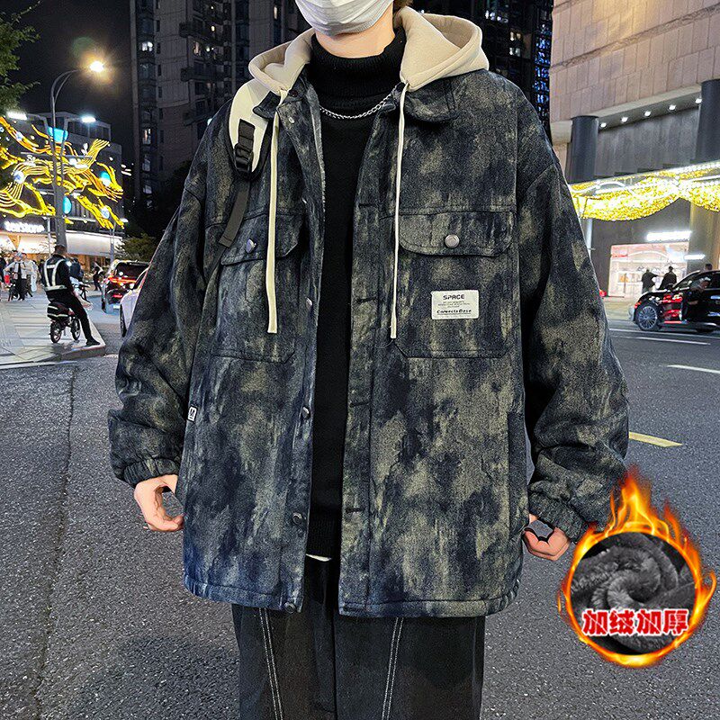 秋冬季青少年牛仔外套男孩初高中学生加绒加厚棉服胖大童夹克棉衣