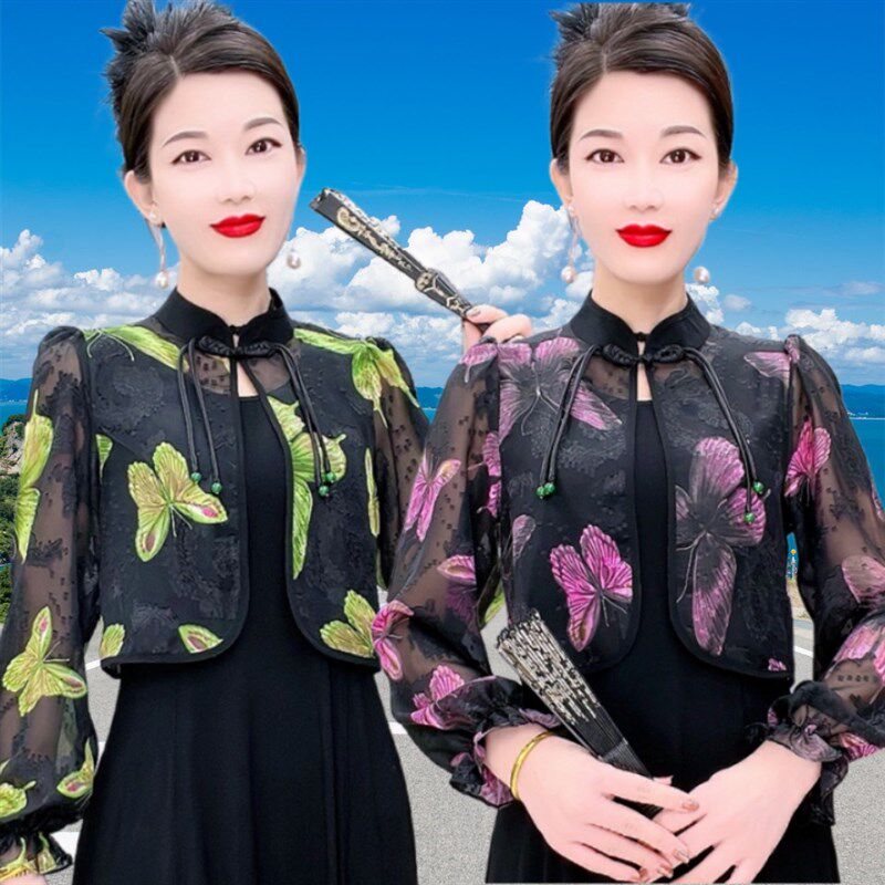 新中式外搭开衫女夏季薄款雪纺小披肩大码长袖短款开车遮阳小外套