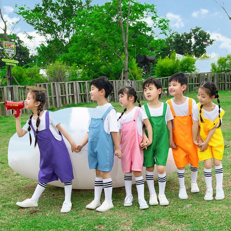 六一儿童彩色背带裤短裤套装小学生演出服夏季毕业照运动会啦啦队