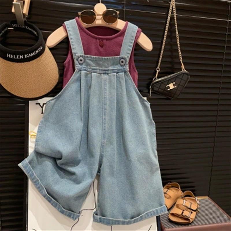 女童时髦背带套装2023夏季新款韩版宝宝水洗软牛仔裤子+背心上衣