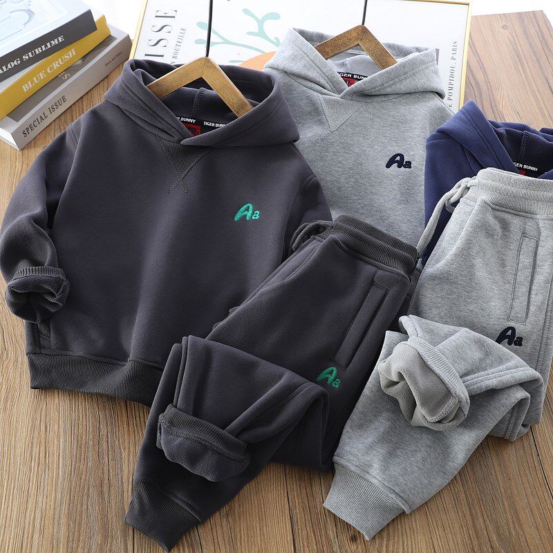 男童加绒运动套装2023冬季儿童加厚连帽卫衣一体绒保暖卫裤2件套