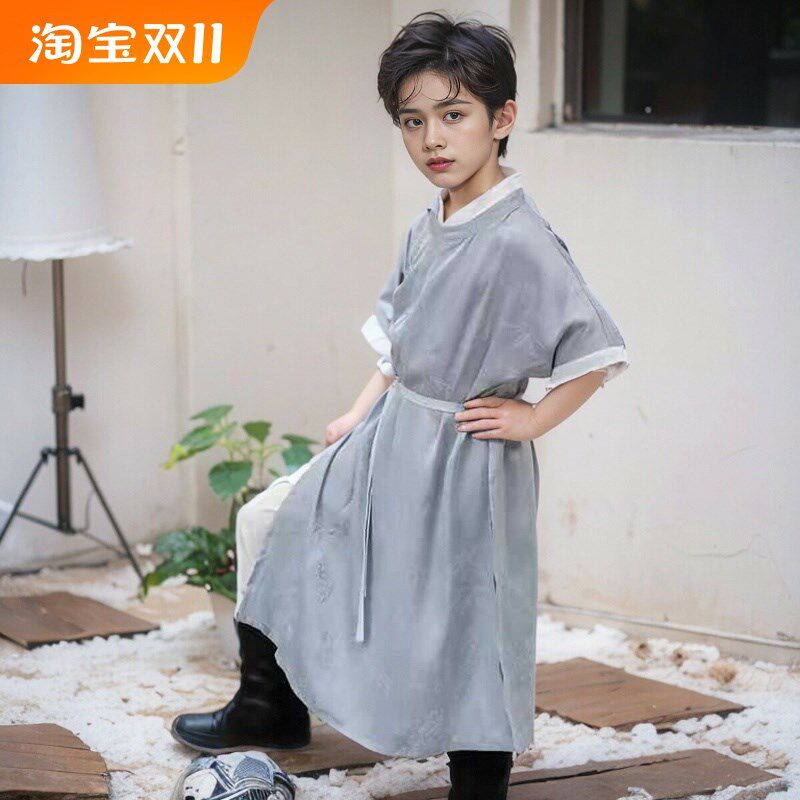 男童汉服女童改良唐制短袖儿童日常圆领袍长衫国风少爷端午节服装