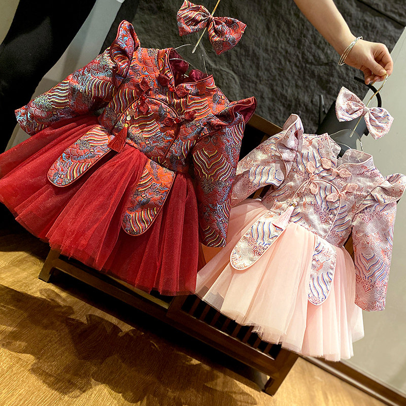 女童唐装周岁礼服旗袍2023年秋冬长袖国风汉服超仙红色古风连衣裙