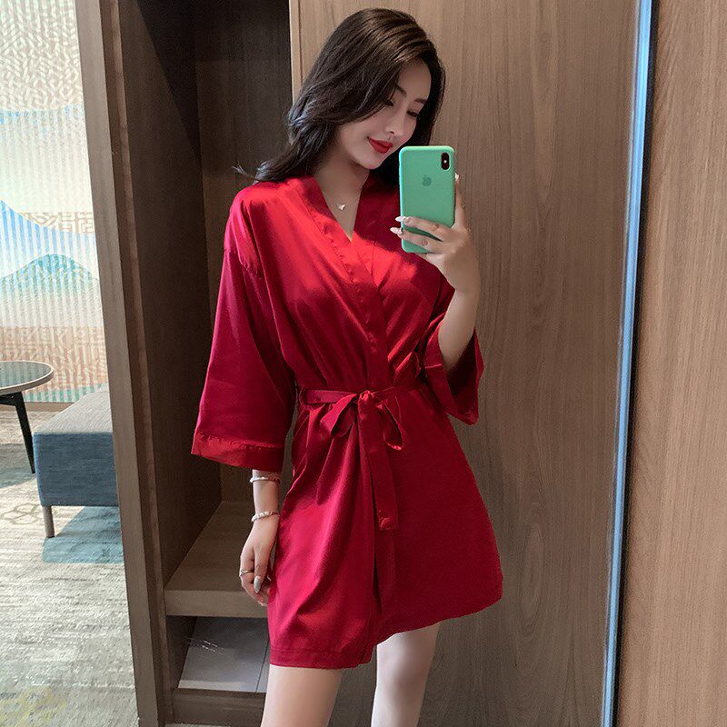 睡袍女夏大红色冰丝新娘晨袍婚礼浴袍夏季睡衣女202V4年新款丝绸