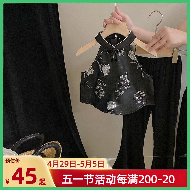 中国风童装女童吊带背心外穿夏季洋气儿童新中式碎花黑色挂脖上衣