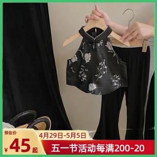 中国风童装女童吊带背心外穿夏季洋气儿童新中式碎花黑色挂脖上衣