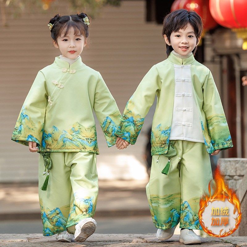 汉服男童秋冬中国风套装冬季儿童古风加绒唐装宝宝高端古装演出服