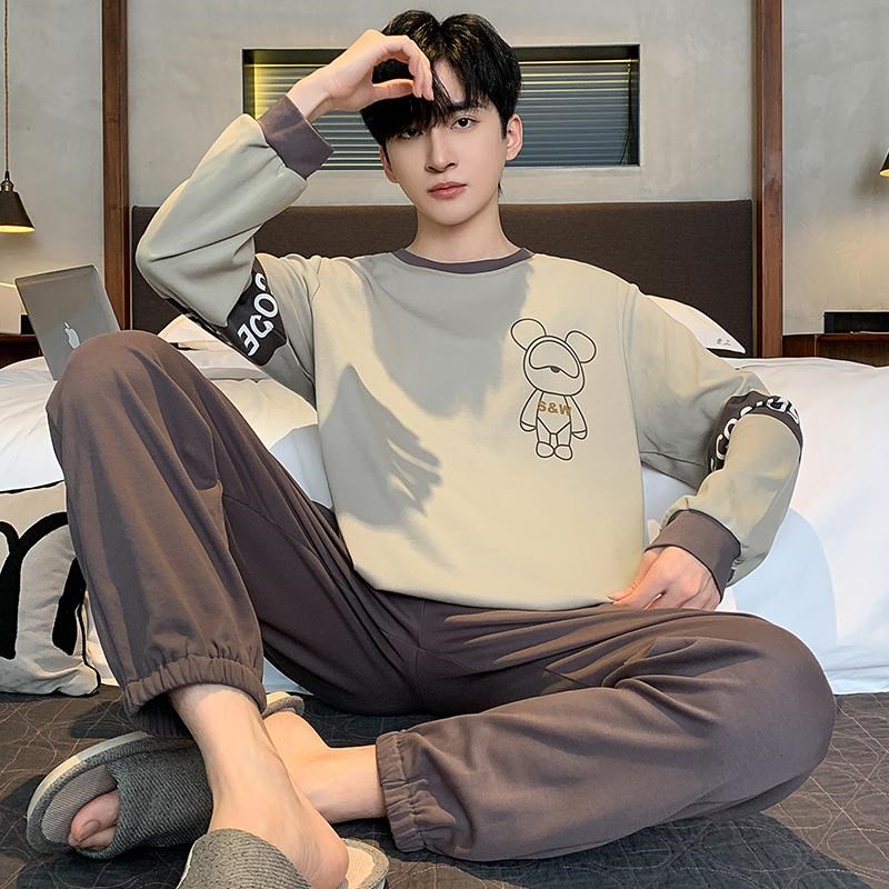 男士睡衣长袖纯棉春秋季秋款加肥加大码卡通青少年学生.家居服套