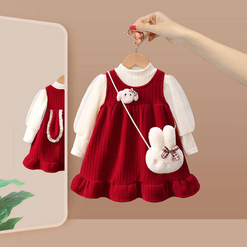 女童套装冬季2024新款儿童公主风裙子宝宝冬装时髦洋气一周岁礼服