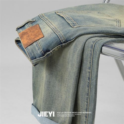 JIEYI 潮流男士休闲直筒牛仔裤猫刮磨破怀旧韩版秋季潮流新品长裤