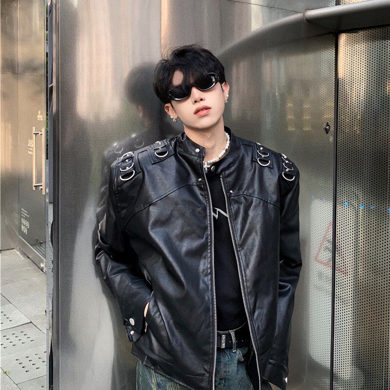 黑沧社/美式夹棉垫肩机车皮衣外套男冬季设计感加厚短款夹克棉服
