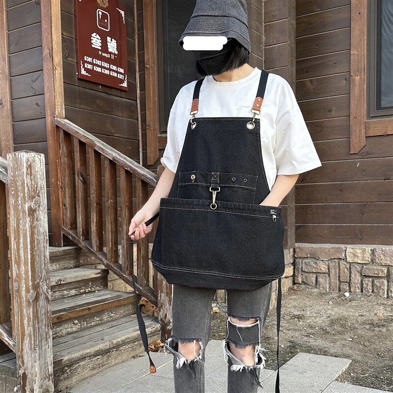 中款牛仔a围裙定制logo户外画画烘焙园艺大口袋工作服美甲师厨房