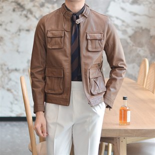 百搭机车服皮外套潮 PU皮衣夹克男时尚 休闲立领多口袋英伦修身 韩版