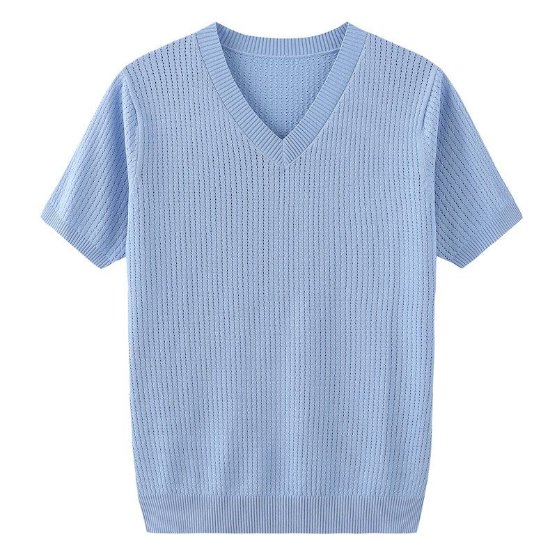 V领短袖t恤男大码冰丝薄款夏季半袖针织衫镂空上衣潮流体恤打底衫