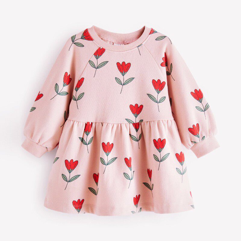 儿童套装女童洋装春秋季2023新款粉红色花朵针织裙女宝宝公主裙子