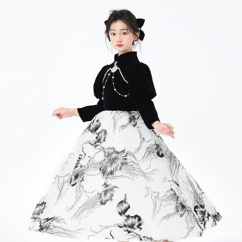 春秋冬儿童洋气黑色长袖公主礼服长裙女童大童国风连衣裙演出服装