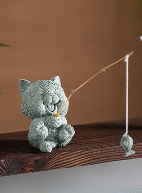 创意小猫钓鱼茶宠钓鱼台底座爱萌猫垂钓鱼缸造景装饰品