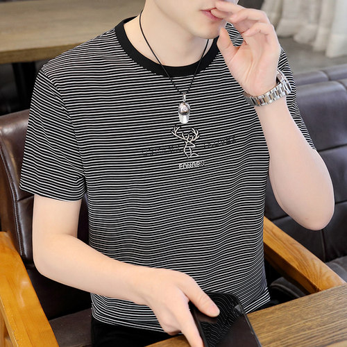 丝光棉男子短袖ht恤2023夏季新款高端质感条纹圆领体恤青年上衣服